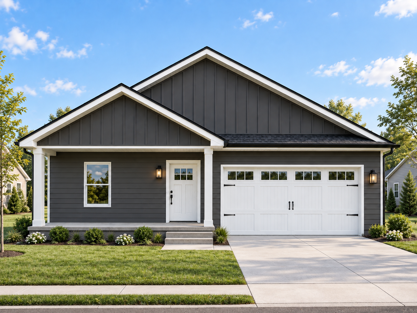 Navy Lane Charcoal model home rendering with covered front porch and two-car garage