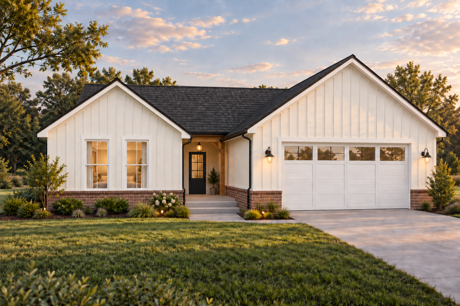 Riverbend Single-story home design rendering with white siding and attached garage