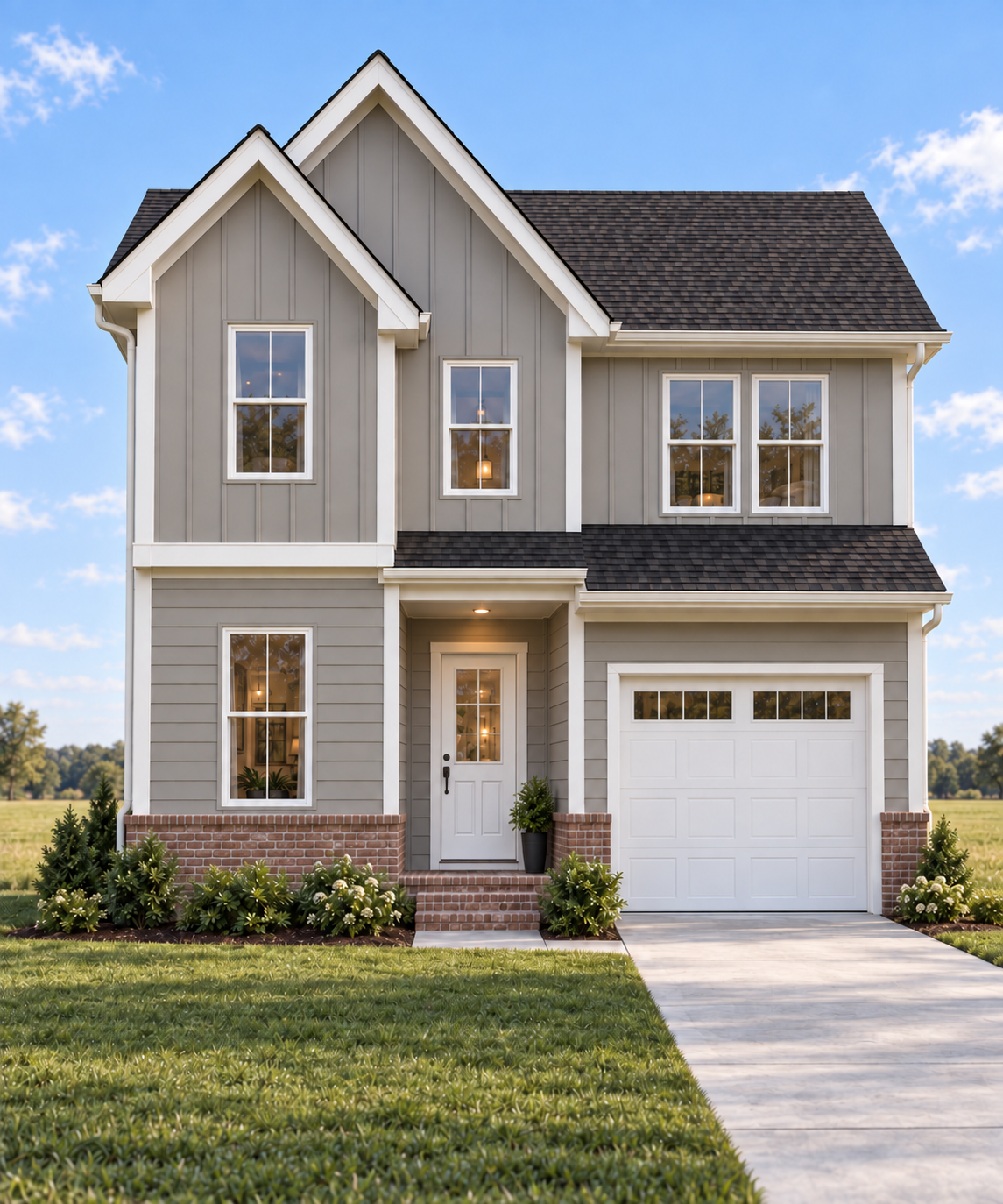 Riverbend Two-story home design rendering with gray siding and covered entry
